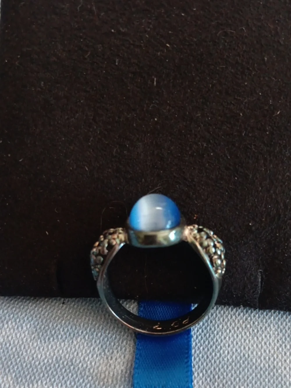 Blue Cat's Eye Gemstone Ring with Crystal Accents